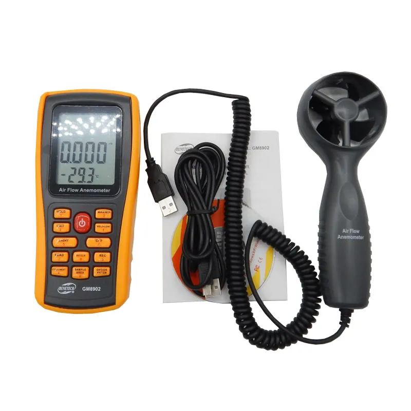 Livraison gratuite 0-45 M/S anémomètre numérique compteur de vitesse du vent testeur de température ambiante de volume d'air avec interface USB