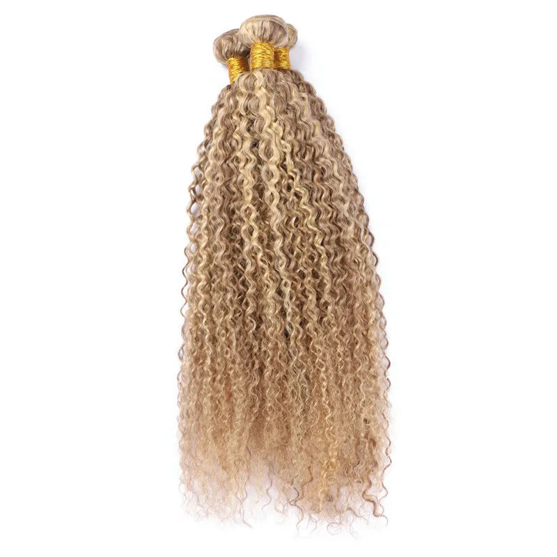 Virgin Braziliaanse piano # 27/613 Hoogtepunt Kleur Menselijk Haar Bundels 3 stks Kinky Krullend Lichtbruin Blonde Piano Mix Kleur Menselijk Hair Extensions