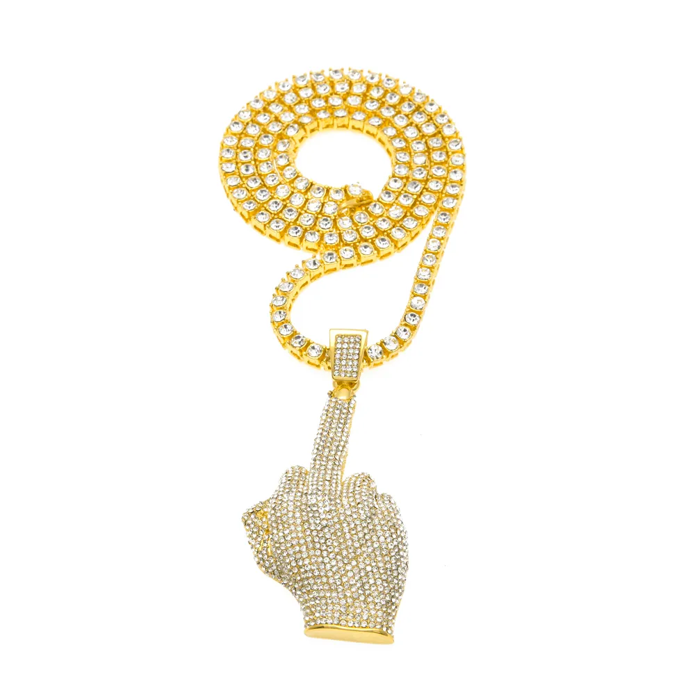 Luxury Full Iced Out Rhinestones Middle Finger Hand Pendant With 1 Row Tennis Chain And 6mm Rope Necklace Men