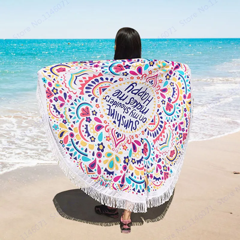 160cm Grote Kleurrijke Strandhanddoeken met Kwastje Bohemen Zwemmen Badhanddoek Letter Print Picnic Serviette Indian Mandala Beach Throw Tapestry