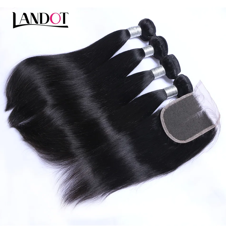 8A Brazilian Virgin Human Hair Weave 4 Bundles with Lace Closure Malaysian Peruvian Indian Cambodian Mongolian Straight Remy Hair Extensions