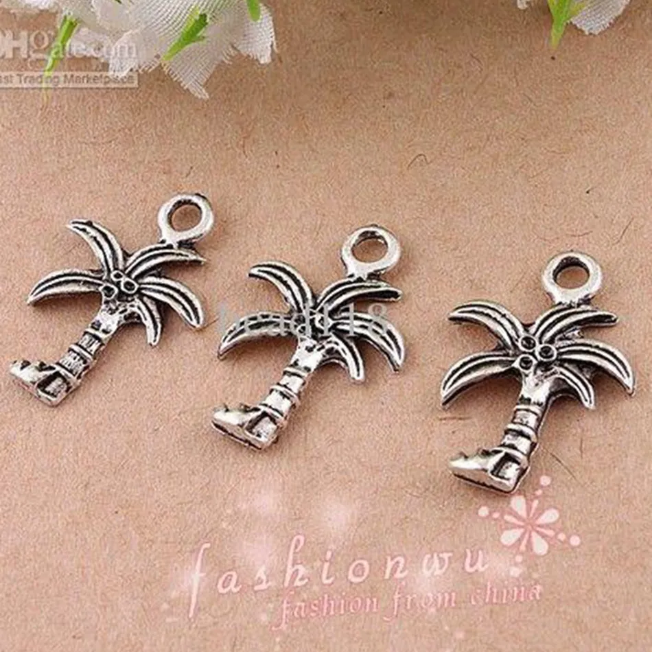 Coconut Palm Tree Charms Hangers voor Sieraden Maken, Oorbellen, Ketting en Armband 15x22mm antiek zilver 100 stks