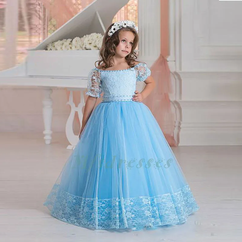 Prinses Blue Flower Girl Jurken Meisjes Pageant Jurk 2017 Eerste Communie Jurk voor Meisjes Verjaardag Jurken Kids Prom Avondjurken