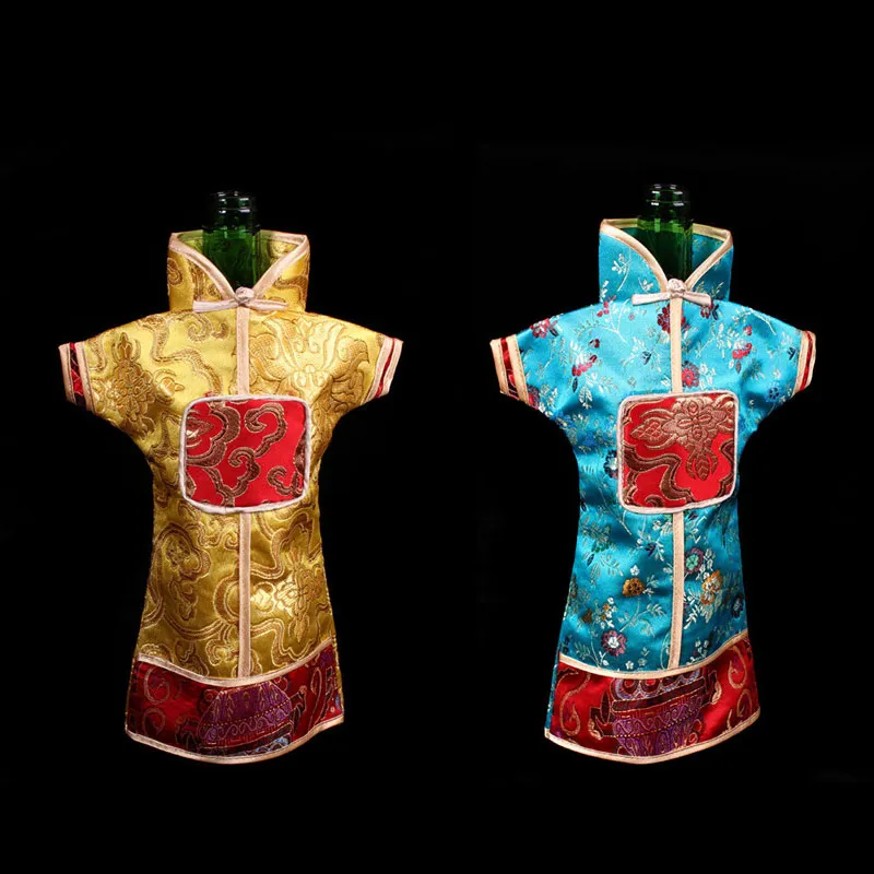 10st vintage kinesisk klänning vinflaska dekoration täcker flaska väskor jul vin täcker silke brocade vinflaska påsar passar 750ml