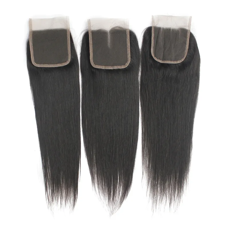 Partihandel 10st / 3 Part Virgin Lace Stänger Brasilianska Human Hair 1B 130% 4 * 4 tum Remy Straight Swiss Lace Top Stänger Gratis Shedding