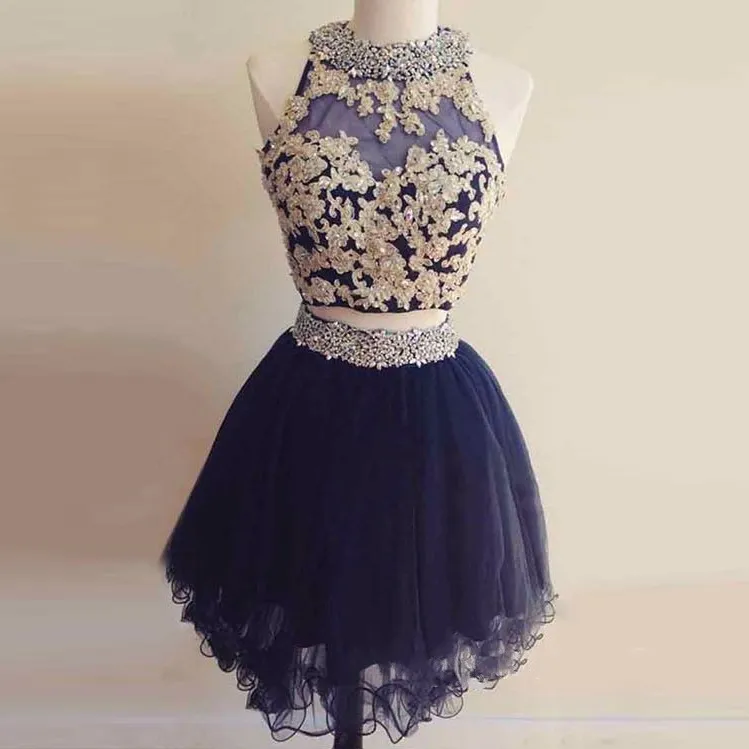 Ny design tjejer söt 16 klänning en linje halter nacke navy blå homecoming klänning guld spets beading två bitar homecoming kappor kort tulle