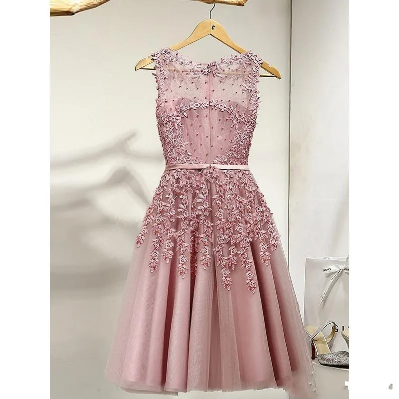 Elegant Roze Prom Dress Korte 2019 Echte Sample Knielengte A-lijn Applicaties Kralen Goedkope Homecoming Toga Vestidos de Gala