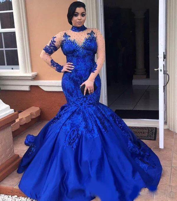 Mode High Neckline Prom Klänning Illusion Långärmad Sequined Applique Mermiad Evening Gowns 2017 Stunning Royal Blue Celebrity Party Dress