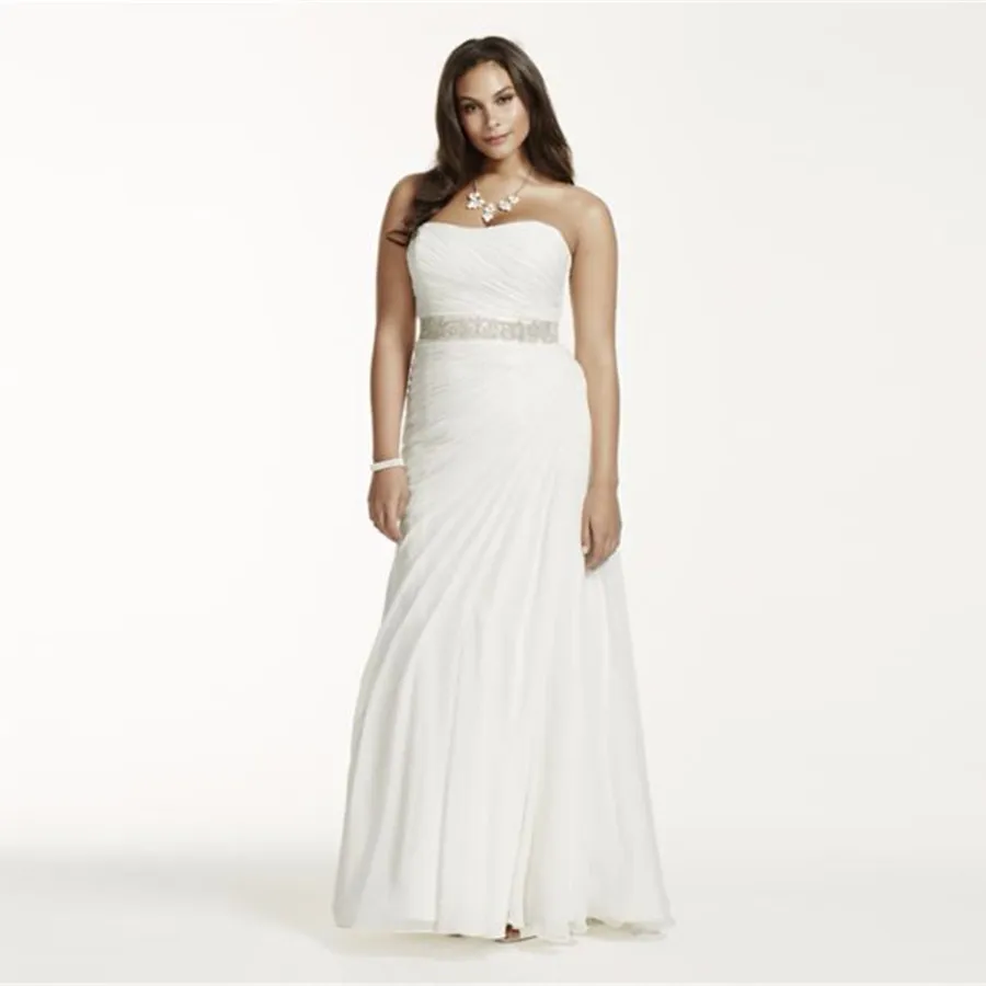 Crinkle Chiffon Gedrapeerde Plus Size Trouwjurk Strapless Ruched Bodice Simple Elegant Bridal Jurken Kralen Sash 9v3540