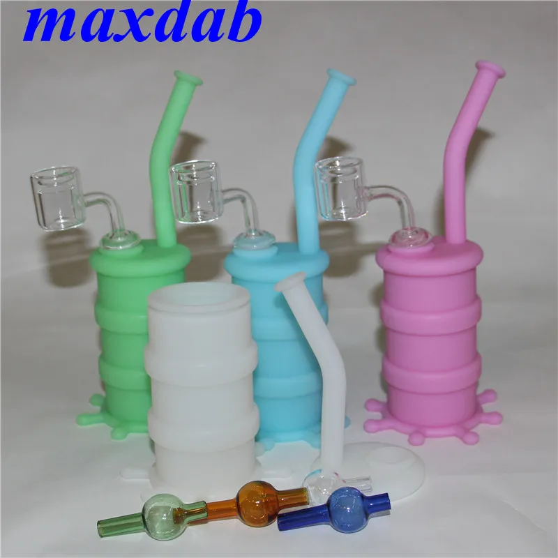 Mini Glow In Dark Silicone Water Pipe Bong in vetro per narghilè Piattaforme petrolifere in silicone con chiodo al quarzo a doppio tubo trasparente e cappuccio per carpa