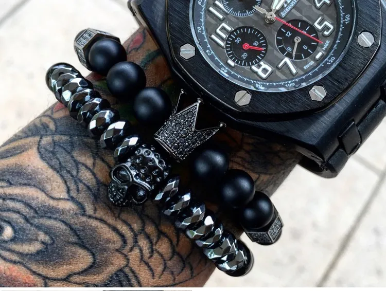 Black Skull Strands Homens Titânio Aço Pulseira 8mm Natural Onyx Pedra Grânulos Charme Jóias Moda Presente Valentim do Natal Feriado Natal