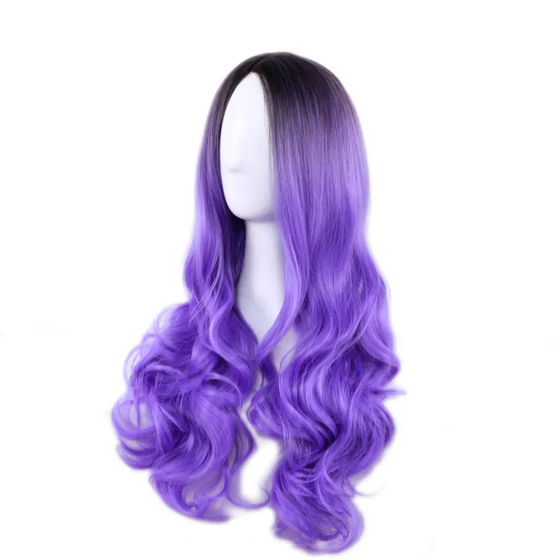 Multicolor Women Long Wave Synthetic Dyed Wig Ladies Black Purple Pink Gray Gradient Heat Resistant Cosplay Wigs Ombre Color Wavy Hair Caps