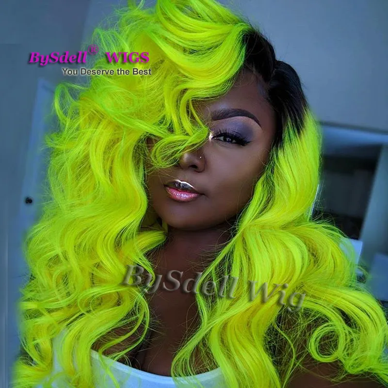 Unicorn Mermaid Drag Queen Wig Syntetisk spets Front Wig Two Tone Black Root Ombre Neon Green Yellow Color Hair Spets Front Wig5326016