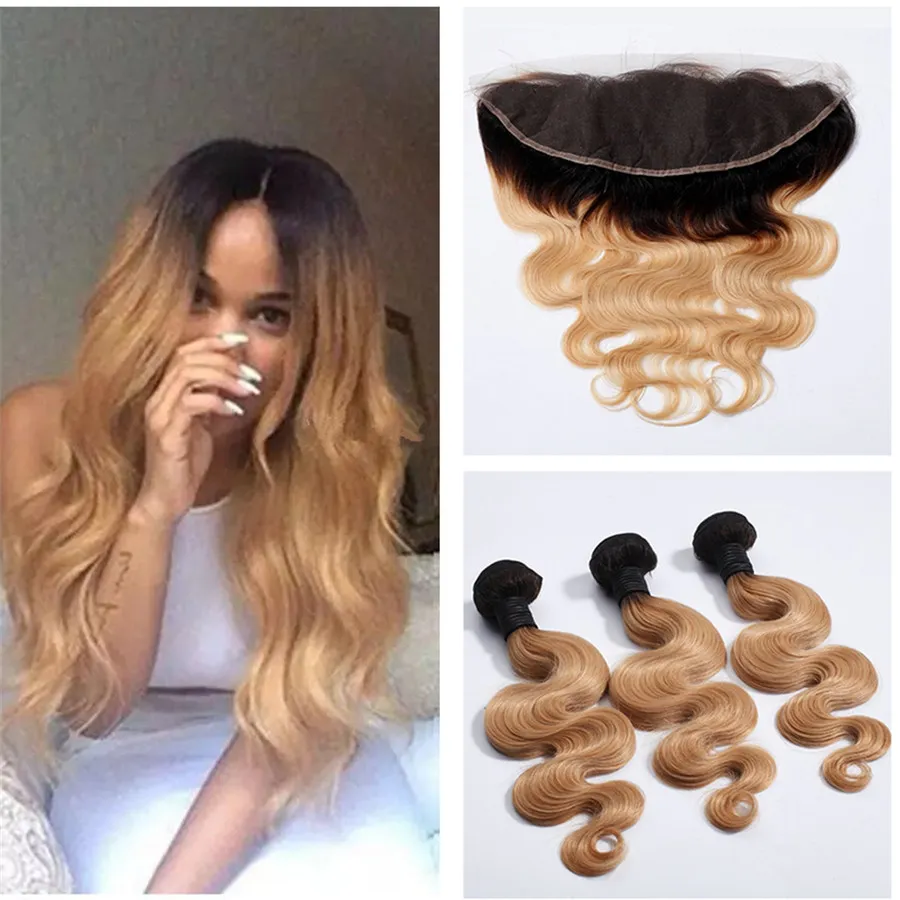 #1B 27 Honey Blonde Ombre Brazilian Virgin Body Wave Human Hair Weave Bundles With Dark Roots Light Brown Ombre 13x4 Lace Frontal Closure