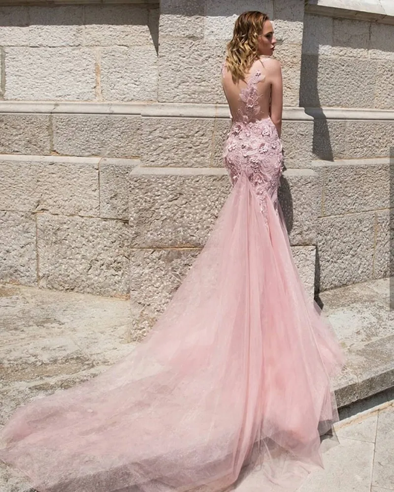 Charming Pink Mermaid Lace Dresses Evening Wear Sheer Bateau Neck Backless Prom Gowns Custom Made Tulle 3D Appliqued Formal Dress