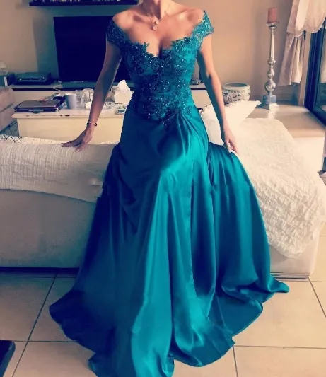 Turquoise Green Off Shoulder Evening Dresses Appliques Beaded Satin Split Side Backless Long Evening Gowns Formal Prom Dresses