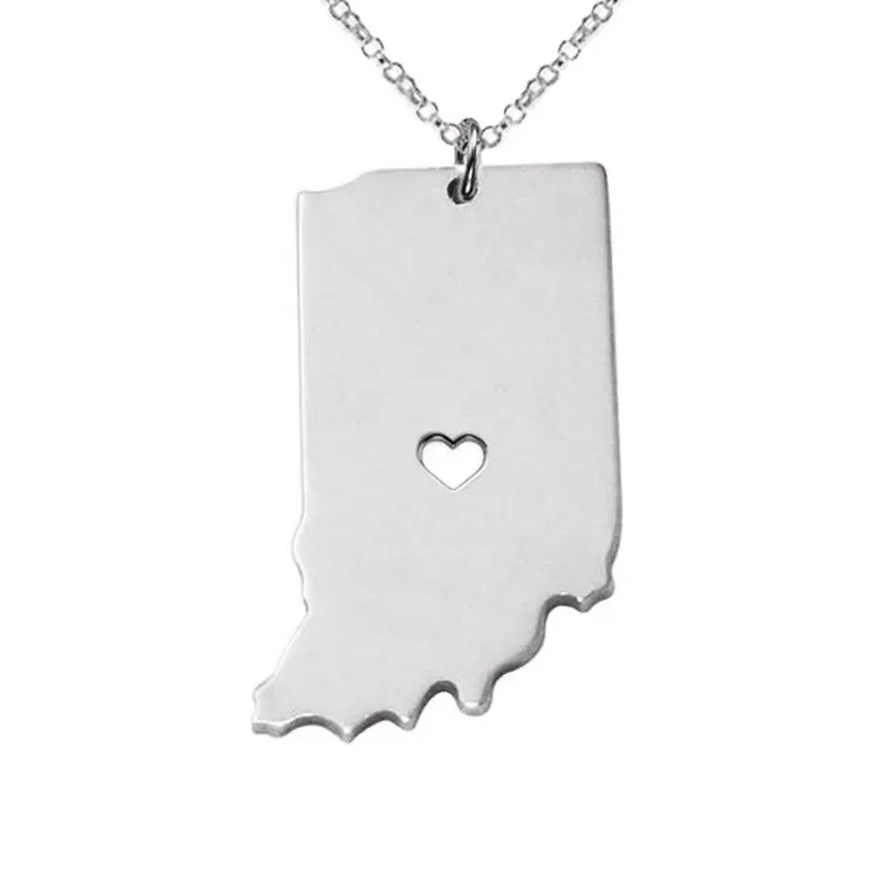 Collier pendentif en acier inoxydable avec carte de l'Indiana avec coeur d'amour USA State IN Geography Map Colliers Bijoux pour femmes et hommes