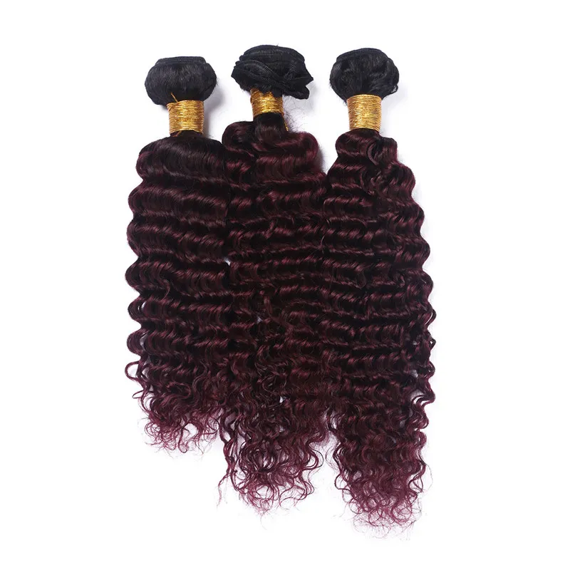 Deep Wave 1B/99J Wine Red Two Tone Ombre Brazilian Human Hair Weaves With Closure Burgundy Ombre 3Bundles With 4x4 Front Lace Closure