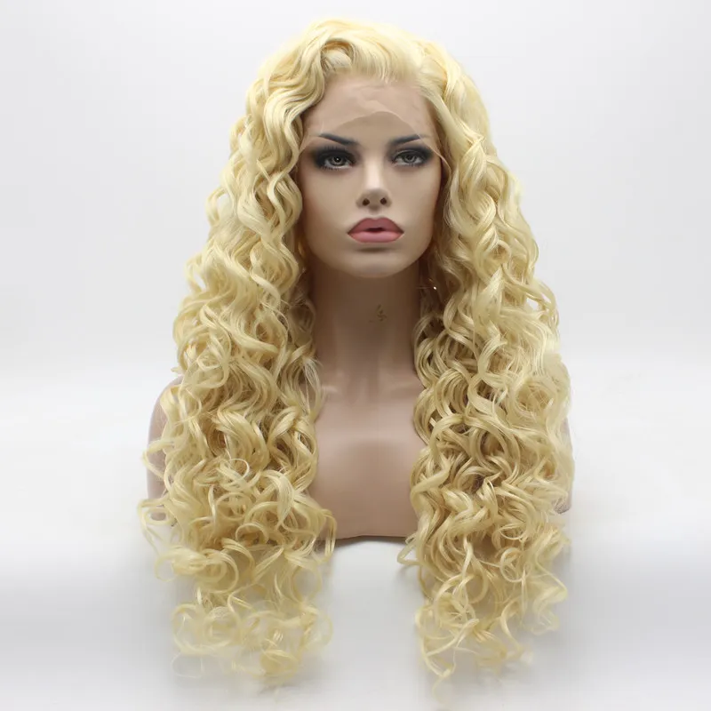 Iwona Cabelo Encaracolado Longo Luz Loira Peruca 18 # 613 Metade Mão Amarrada Resistente Ao Calor Peruca Dianteira Do Laço Sintético