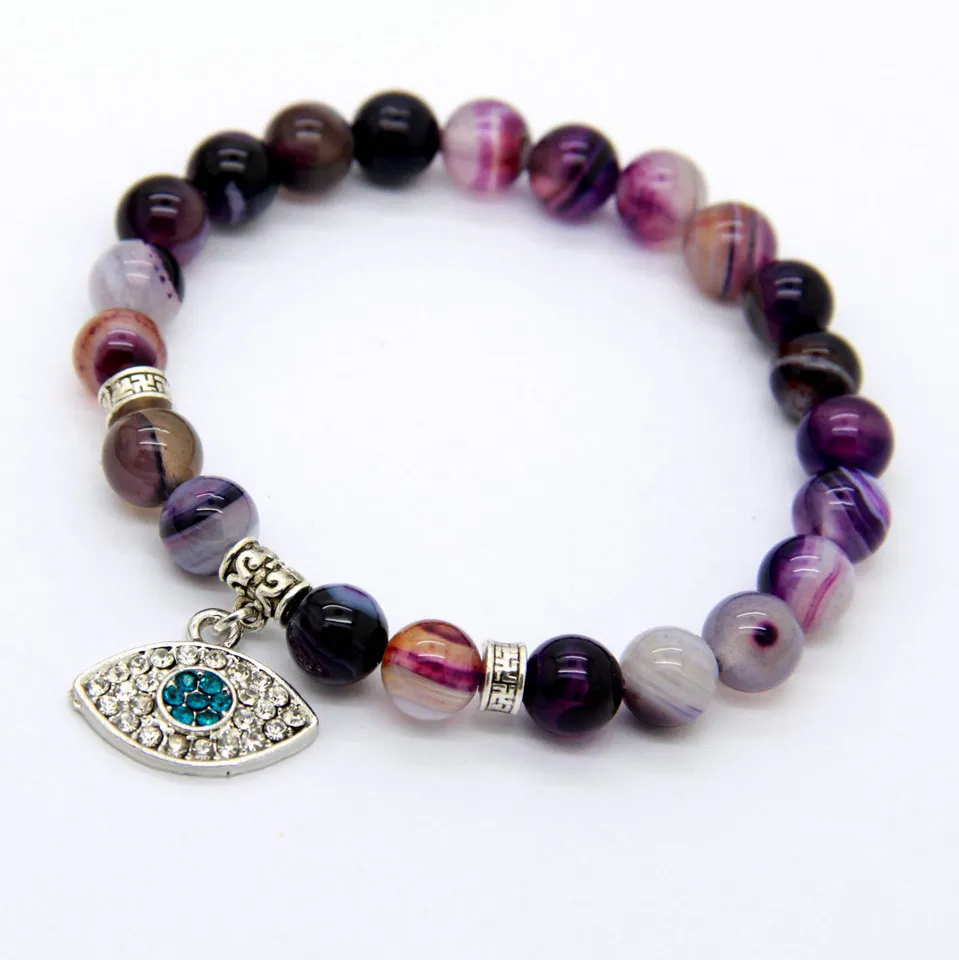 New Arrival 8mm Natural Purple Agate Stone Beads Hamsa Eye Yoga Braclets Best Gift For Men And Women