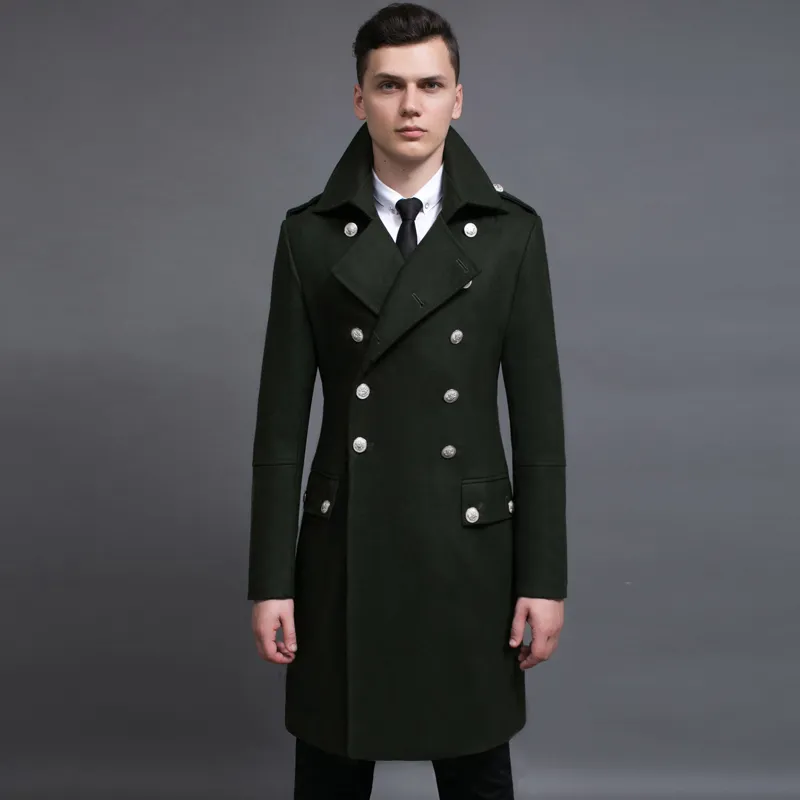 Partihandel - Design Mens Coats och Jackor S-6XL Oversized Tall och Big Men Green Woolen Coat Germany Army Navy Pea Coat Gratis frakt