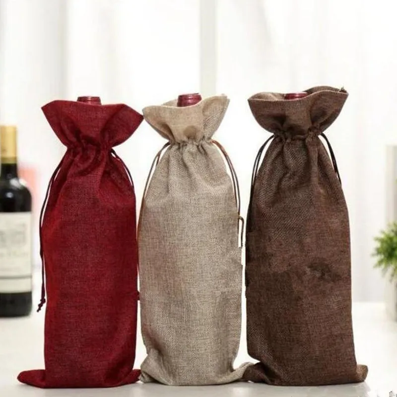 Novos Sacos De Vinho De Juta Garrafa De Vinho De Champanhe Abrange Presente Saco de serapilheira Embalagem saco de Festa de Casamento Decoração Sacos De Vinho tampa Cordão rápido