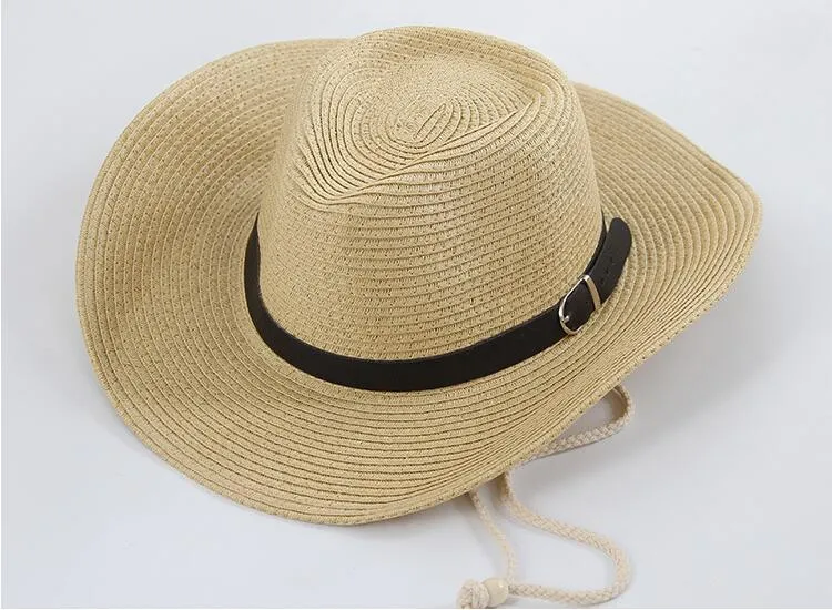 Sombreros de vaquero para hombre con trenza de paja con hebilla Sombrero para hombre americano occidental Sombreros de playa para dama Caqui sólido