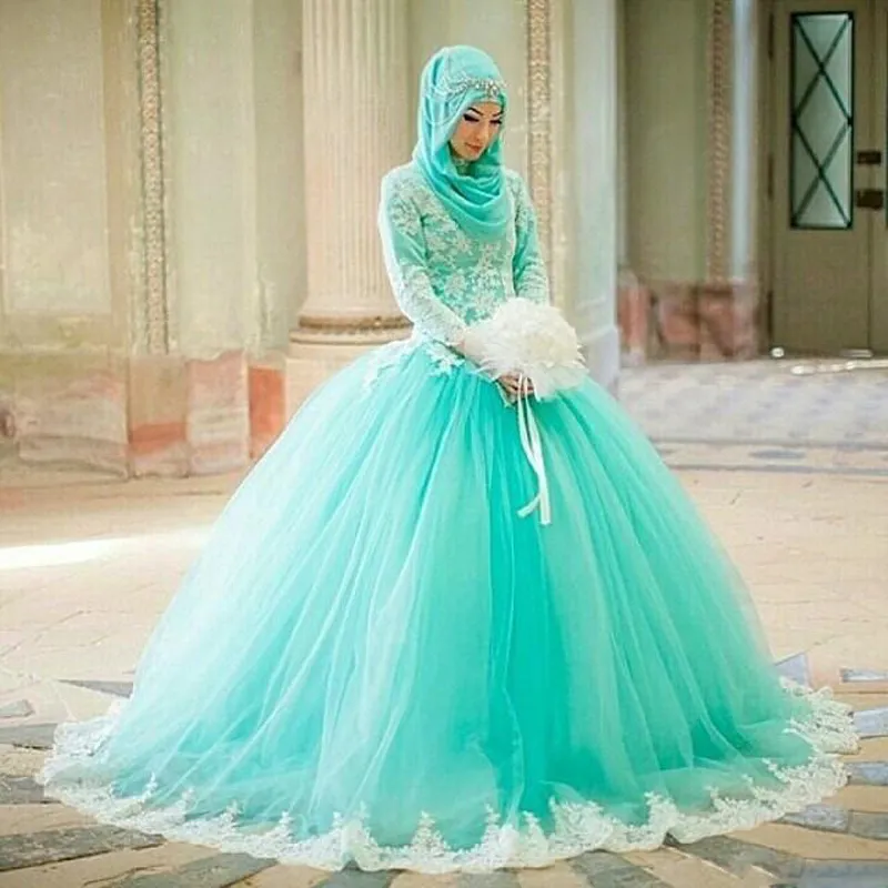 Musulman arabe pakistanais dubaï robe de bal robes de mariée col haut à manches longues turquoise tulle dentelle appliques longues plus la taille robes de mariée