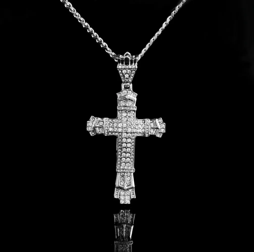 Silver hip hop Cross Charm Pendant Full Ice Out CZ Simulated Diamonds Catholic Crucifix Christian Pendant Necklace With Long Cuban Chain