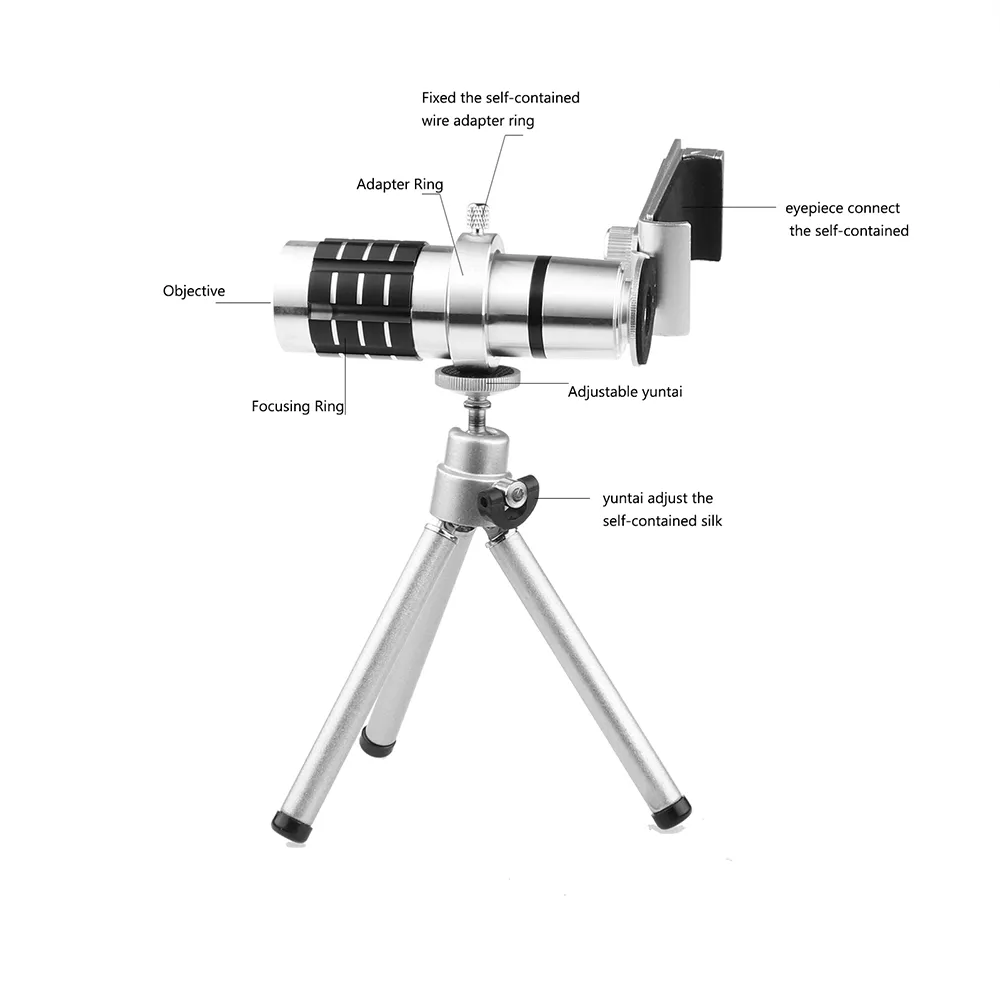 Lente de la cámara del telescopio Zoom óptico 12X Sin esquinas oscuras Trípode del telescopio del teléfono móvil para iPhone 6 7 Samsung teléfono inteligente telepo 1400802