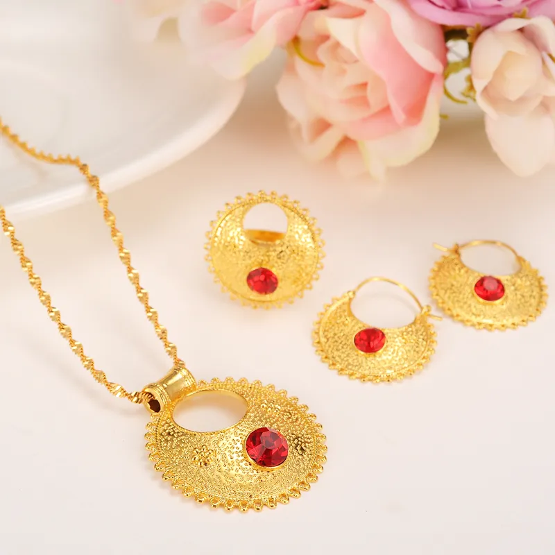 Ensemble de bijoux éthiopiens pendentif/boucles d'oreilles/bague/bracelet solide 14k or massif GF Fine CZ rubis rouge Afrique mariée mariage érythrée cadeau de fête