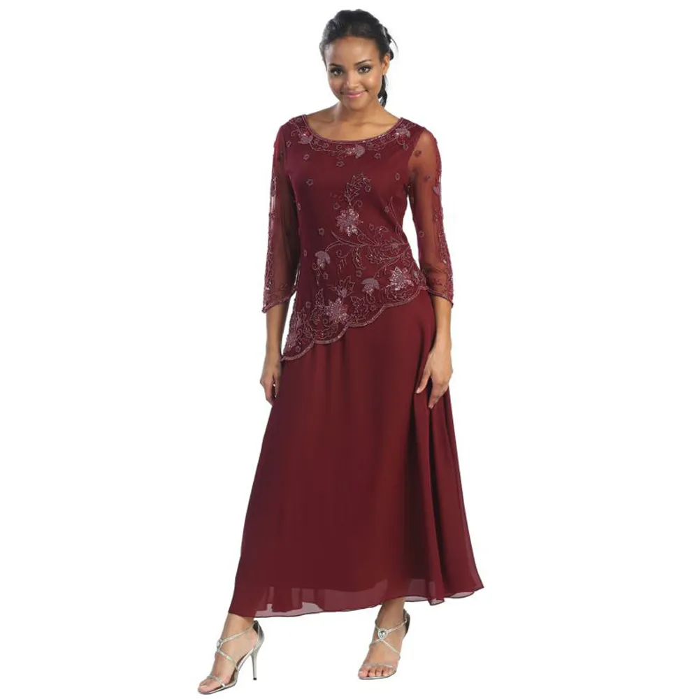 Plus Size Chá Comprimento Mãe de Noiva Vestidos 3/4 Grânulos de Manga Sppliqued Vintage Vestido de Noite Formal Um vestido de convidado de casamento