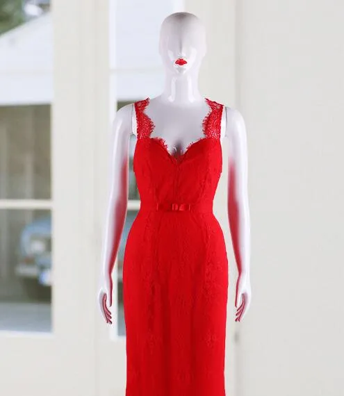 無料の船の爆発的なセクシーなパーティードレスの赤い深いVノースリーブレースドレスのために女性LX018