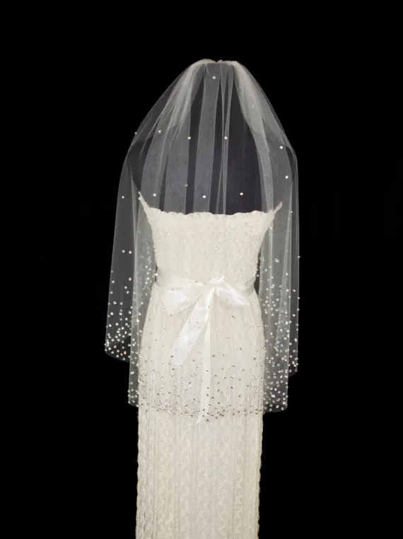 One layer Elbow Length White Ivory Wedding Veil Crystal Bridal Veils With Comb Rhinestones Edge