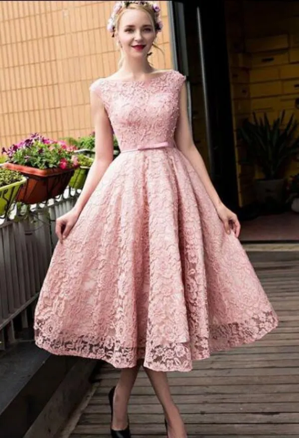 Robe de bal de forme trapèze, longueur thé, bon marché, Blush, Rose, dentelle, robe de soirée, col bateau transparent, perles, robe de bal courte Vintage