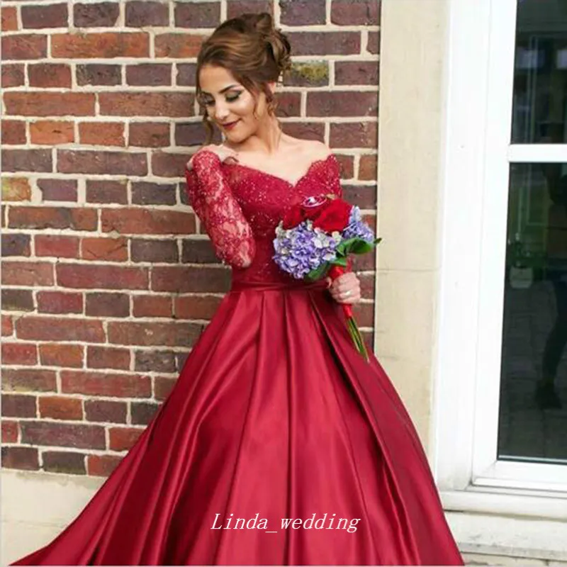 Robe de mariée en dentelle à manches longues rouges bordeaux une ligne satin femme robe de fête nuptiale plus vestido de noiva