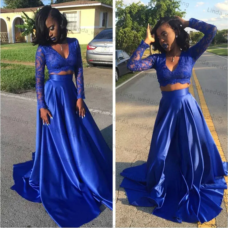 Prom Dresses Royal Blue Two Piece Arabiska promklänningar Sydafrikanska A-line V-ringning Lång examen Evening Party Gown Plus Size Custom Made