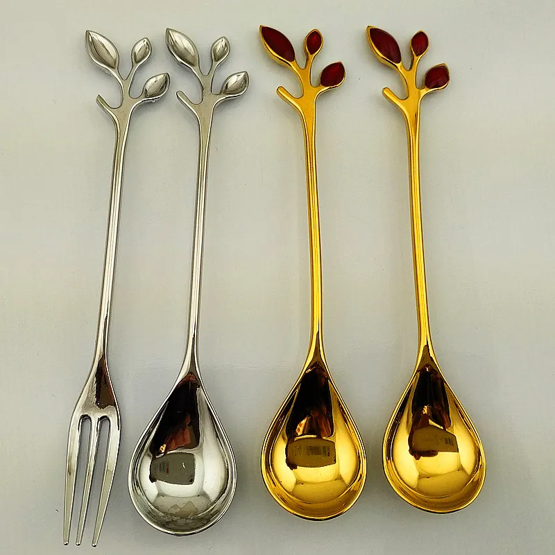 Kitchen Dining Bar Fashion Alloy Leaves Shaped Design Gold Silver Coffee Spoon Flatware Cutlery Dessert Spoon