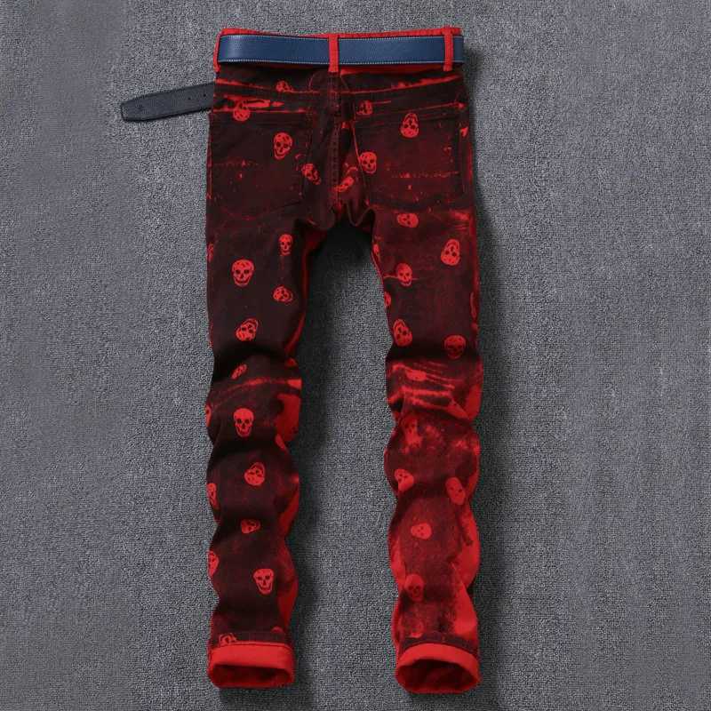 Pantalones vaqueros para hombre con estampado de calavera para hombre Pantalones rojos de diseñador rectos delgados casuales Pantalones estampados para hombre Hombre1