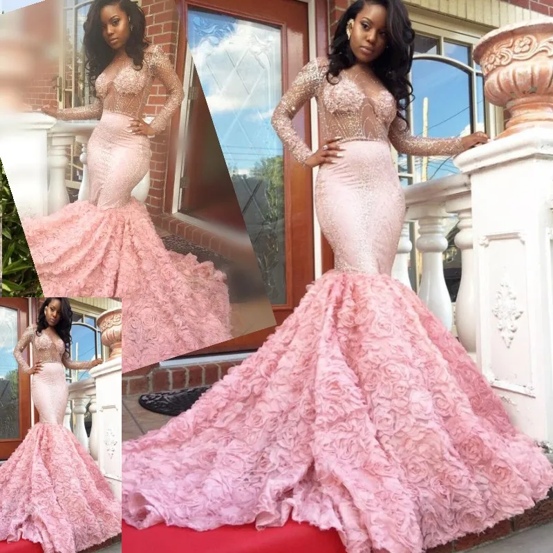 2K17 Sexy Black Girl Prom Dress Sequins Beading Long Sleeves See Through Evening Dress Charming Pink Floral Chapel Train Satin Evening Gowns