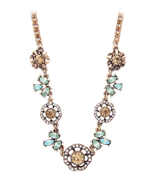 Fashion Costume Jewelry Vintage Alloy Crystal Diamond Hollow Flowers Statement Pendant Necklace for Women