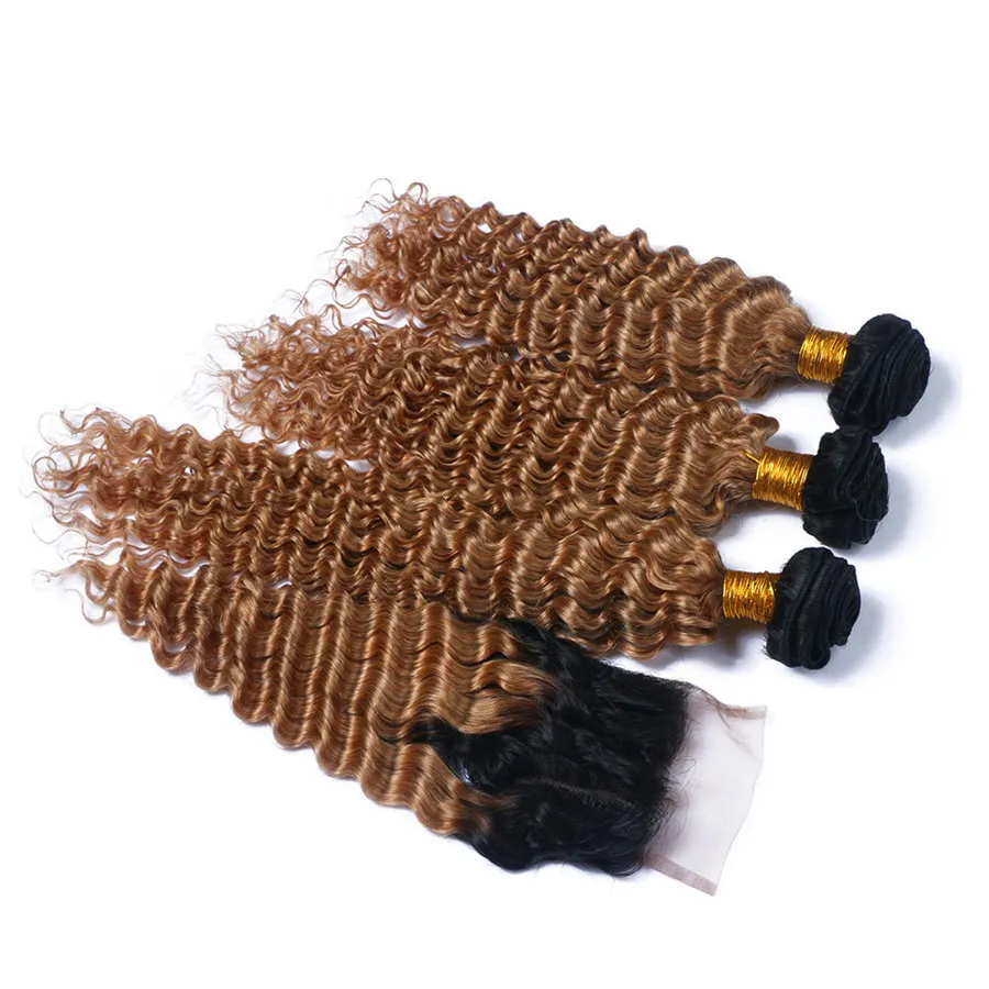 Fermeture de dentelle blonde miel foncé avec 3 paquets 1b 27 vague profonde Brésilien Virgin Curly Tesaves Extension de cheveux 