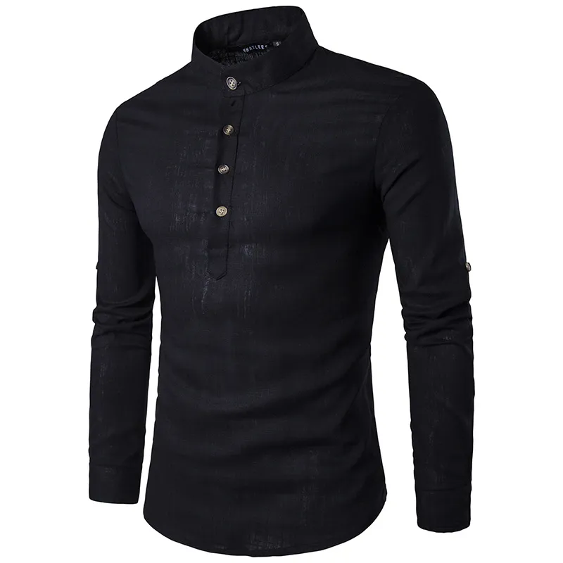 Mens Slim Fit Linen Dress Henley Shirt Men Solid Casual Long Sleeve ...