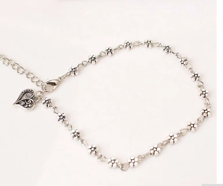 Retro Tibetan silver hollow silver plum flowers foot ornaments peach heart shaped Anklet bracelet