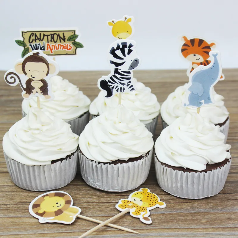 Whole-24pcs, selecciones para cupcakes de Safari en la jungla, adornos para pasteles de animales, insertos para cupcakes de dibujos animados, tarjeta de cumpleaños, Baby Shower, fiesta para niños, Favor280T