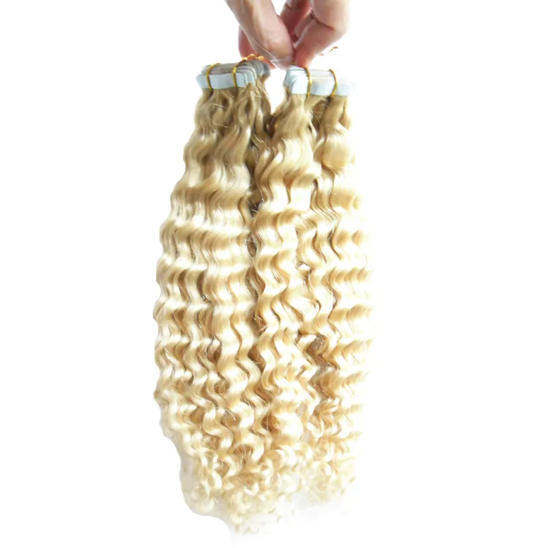 Blonde brazilian virgin hair kinky curly Skin Weft Remy Human Hair Extensions 100g seamless hair extensions