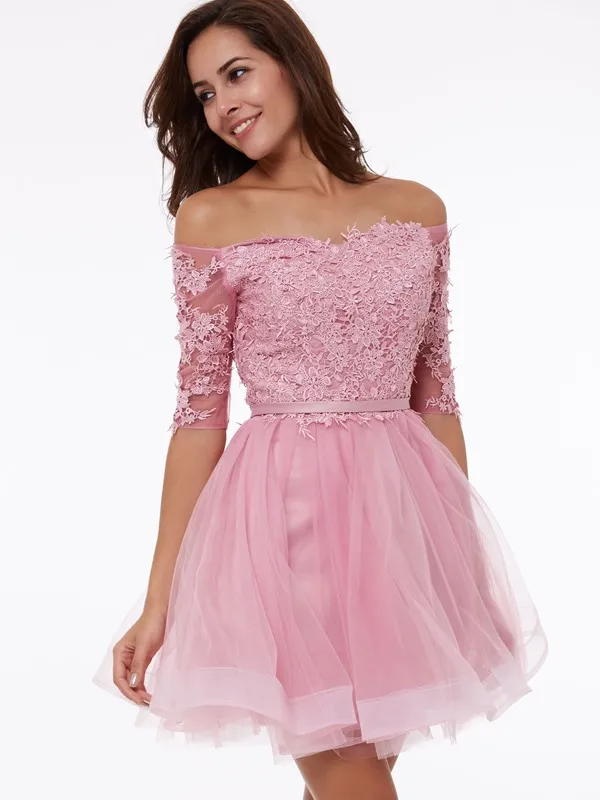 Custom fez uma linha mini mini pérola curta rosa tule fora do ombro vestidos homecoming com aplicações meia manga lace up baixo preço vestidos de festa