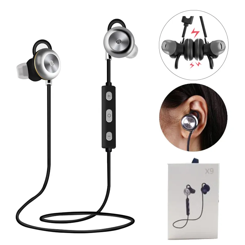 X9 Magnetyczny Słuchawki Bluetooth Słuchawki Bezprzewodowe Słuchawki Stereo Sporty Uruchamianie Zestaw Słuchawkowy Earbuds Mic dla iPhone 8 7 7 plus Samsung Note 8