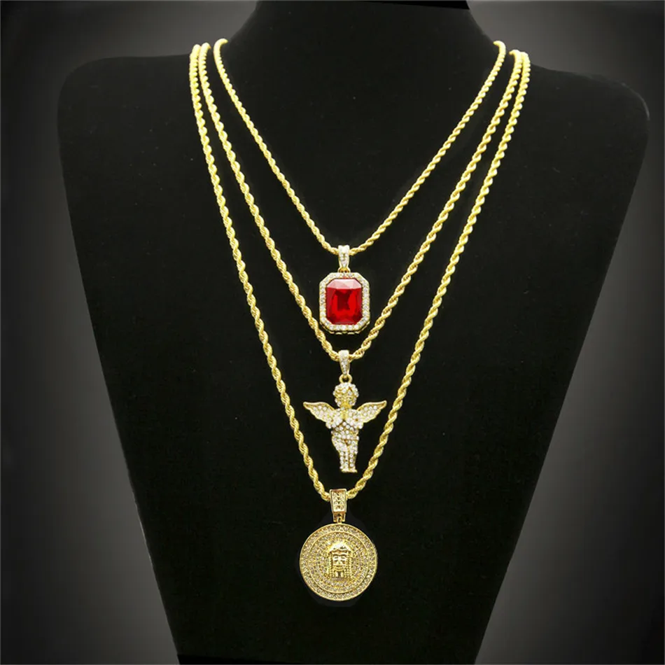 Hip Hop Gold Plated Necklace Iced Out Rhinestone Crystal Jewelry Set With Angel Jesus Pendants Necklaces Chain Hot Sale