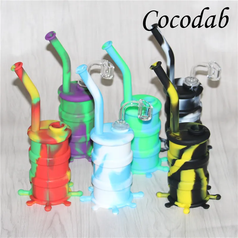 Popular Hookahs Silicon Water Rigs Silicone Drum Bong Oil Dab Rig Pipes With Clear 4mm 14mm Male Quartz Nails